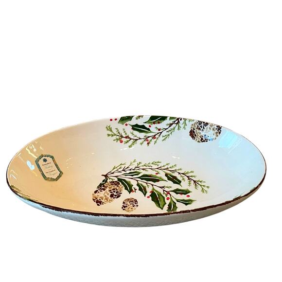 Papart Handpainted Turkish Serving Bowl 14x9 Ceramic Holiday Pinecone Holly NEW - Picture 2 of 15